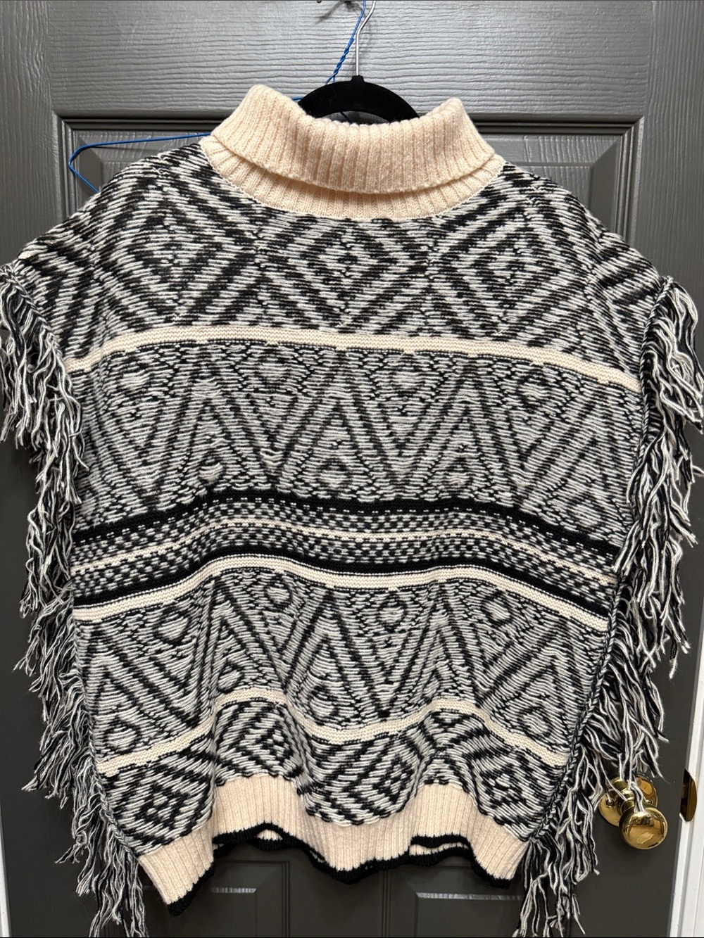 fab'rik Black and Cream Patterned Fringe Turtleneck Sweater